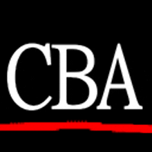 the word cba is on a black background with a red border .