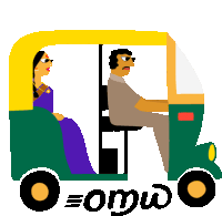 a cartoon drawing of a man and woman riding a rickshaw with the word omw written on the bottom