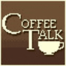 a coffee talk logo with a cup of coffee in the middle .