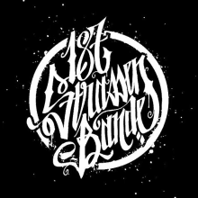 a black and white logo for a band with a circle around it