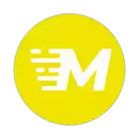 a yellow circle with a white letter m inside