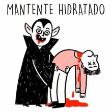 a cartoon of a vampire holding a dead man with the words mantente hidratado written below it