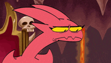 a cartoon drawing of a pink dragon with yellow eyes