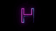 a neon letter h is glowing in the dark against a black background .