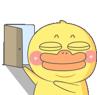 a yellow cartoon duck is standing in front of a door