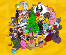 a group of cartoon characters around a christmas tree on a yellow background