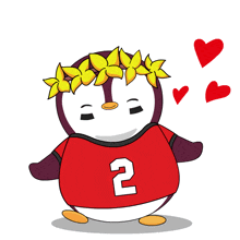 a cartoon penguin wearing a red shirt with the number 2 on it