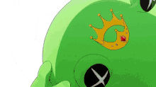 a green frog with a crown on it