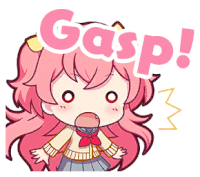 a cartoon girl with pink hair and the word gasp above her