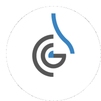 a white circle with a blue and gray circle with the letter g in the middle