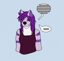 a cartoon drawing of a wolf with purple hair and a thought bubble that says waow