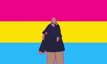 a person without a head is standing in front of a pink yellow and blue flag