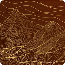 a drawing of a mountain range with a brown background and gold lines