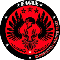 a red and black eagle logo with the words eagle experientia semper vinci