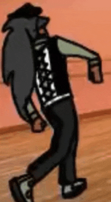 a cartoon character is standing on a wooden floor wearing a black vest .