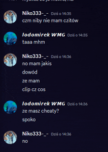 a screenshot of a conversation between iodomirek wmg and niko333