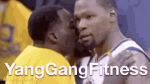 a basketball player is kissing another player on the cheek with the words yanggangfitness written above them