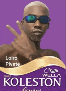 a man wearing sunglasses is on a purple advertisement for wella koleston