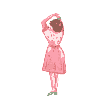 a drawing of a woman in a pink dress with her hands in the air