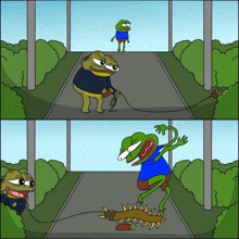 a cartoon of two frogs walking a centipede