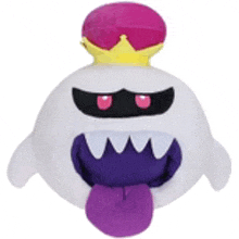 a stuffed ghost with a purple tongue and a crown on top of it .