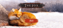 a red fox is laying in the snow with the words the fox above it