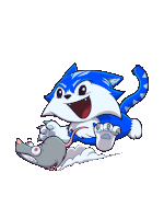 a blue and white cat is playing with a gray mouse