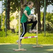 a young girl is jumping over a wooden hurdle on a court .