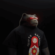 a bear wearing sunglasses and a black t-shirt that says crypto russians