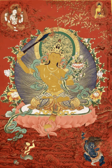 a painting of a woman holding a sword and surrounded by flowers on a red background