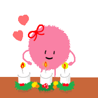 a pink cartoon character with a red bow is surrounded by three candles