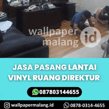 a poster for wallpaper malang shows a man working on a vinyl floor