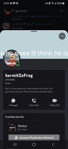 a phone screen shows a profile of kermitzefrog who does lil think he is