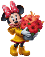 minnie mouse holding a bucket of red flowers