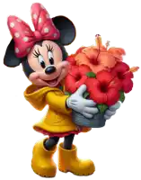 minnie mouse holding a bucket of red flowers