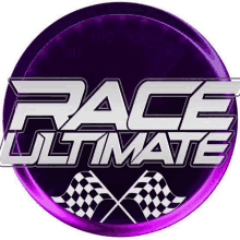 the logo for race ultimate is a purple circle with a checkered flag on it .