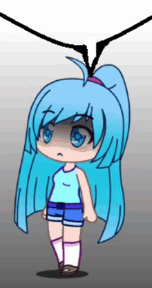 a cartoon girl with blue hair and a ponytail