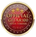 a red and gold badge with the words `` official gitar 100 '' on it .