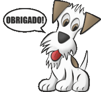 a cartoon dog says " obrigado " in a speech bubble