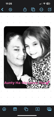 a black and white photo of a woman and a little girl with the words aunty ha-ha-loves you