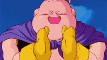 a cartoon character is wearing a purple cape and yellow gloves and making a funny face .