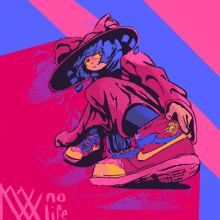 a colorful drawing of a person wearing a hat and a pair of nike sneakers