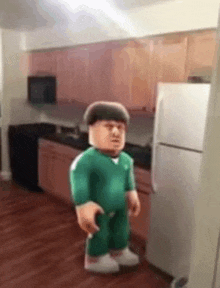 a cartoon character is standing in a kitchen next to a refrigerator and a microwave .