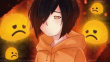 a girl in an orange hoodie is surrounded by yellow smiley faces .