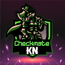 a logo for checkmate kn shows a knight with an axe