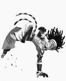 a man with dreadlocks is doing a handstand on a white background