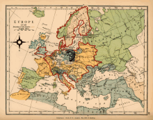 a map of europe in 1730 with a compass