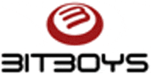 the logo for bitboys is a red circle with a swirl in the middle .