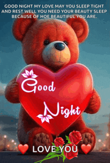 a teddy bear is holding a red heart that says good night love you