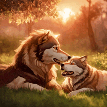 a painting of two wolves looking at each other